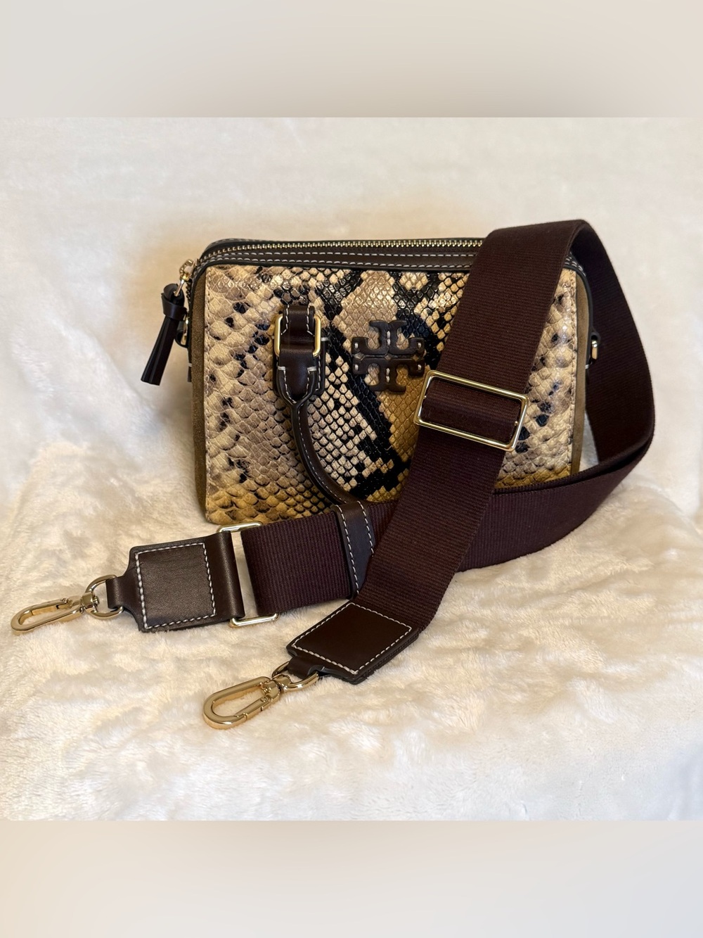 NWT. Tory Burch Snake Print Mini Crossbody Satchel with Two Straps - Picture 4 of 15